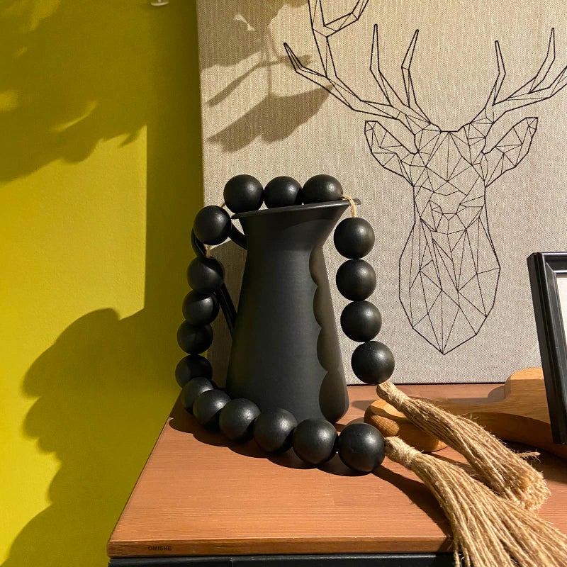 OMISHE Extra Large Wood Bead Garland Black with 1.6" Diameter Wooden Beads and Tassels, 41" Long Rustic Farmhouse Country Decorative Beads for Home Tiered Tray Decor, Black - Image 2